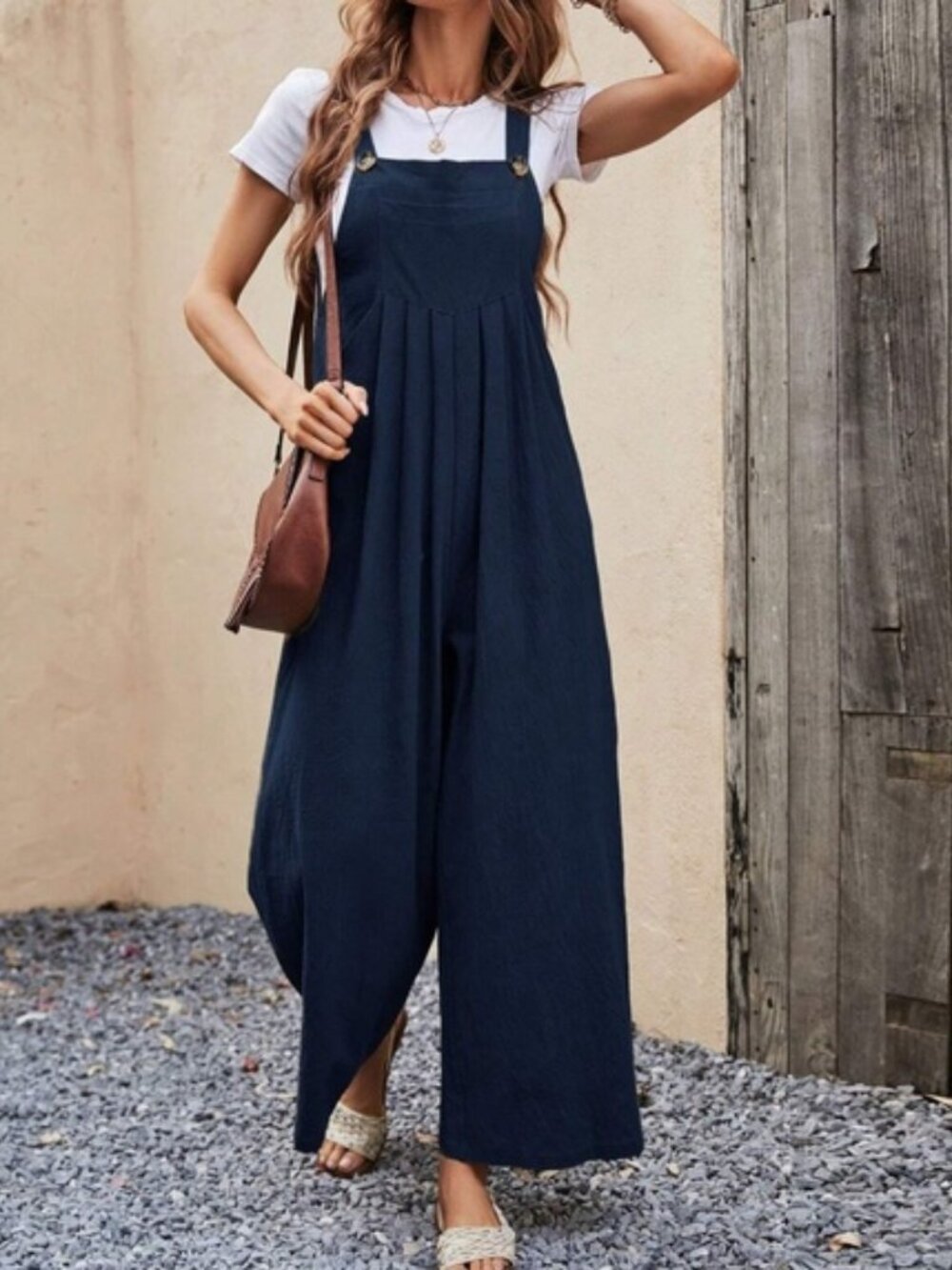 🪷Women's Navy Blue Jumpsuit Boho Wide Leg Overalls Loose Fit 100% Cotton M - Picture 2 of 16
